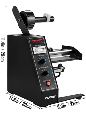 VEVOR automatic label dispenser with controls, dimensions, and label roll holder.