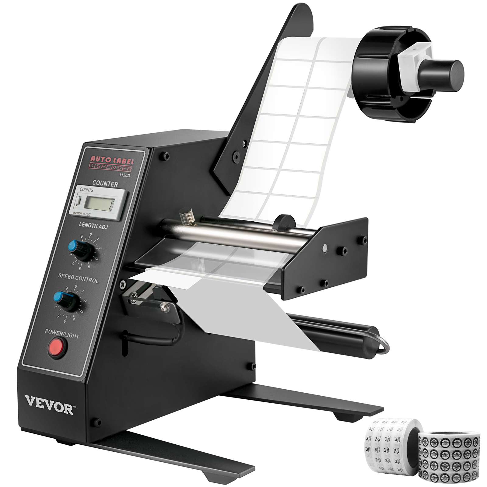 VEVOR automatic label dispenser with adjustable speed and counter, labels displayed.