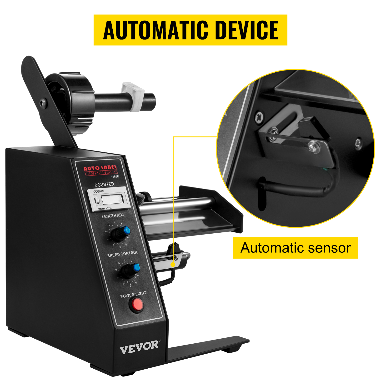 VEVOR automatic label dispenser with sensor and control knobs in black casing.