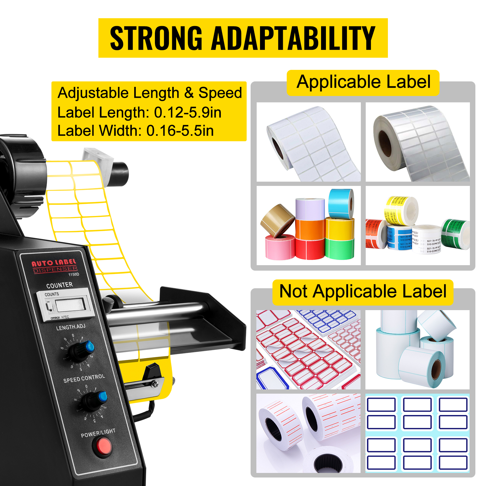 VEVOR automatic label dispenser with adjustable length and speed, compatible labels shown.