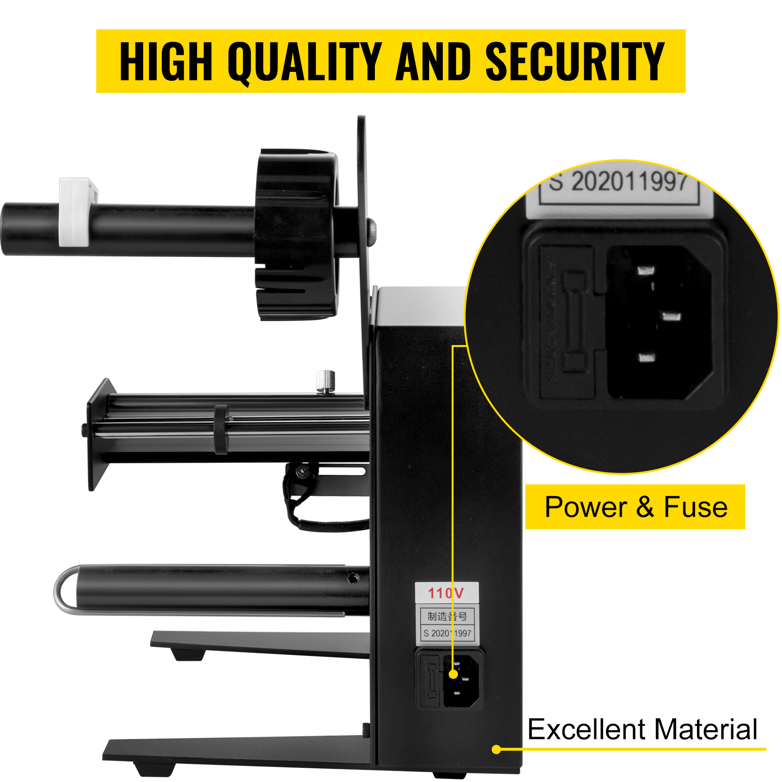VEVOR automatic label dispenser side view with power and fuse highlighted, text: high quality and security.