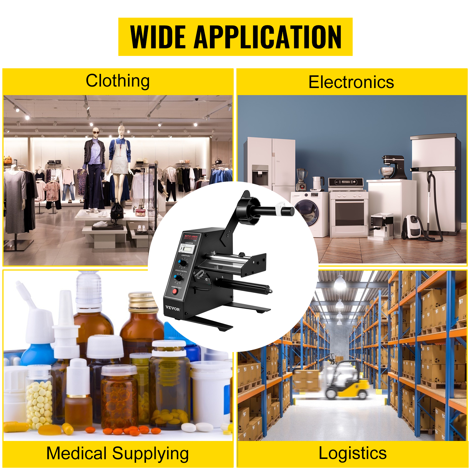 VEVOR automatic label dispenser for clothing, electronics, medical supplying, and logistics.