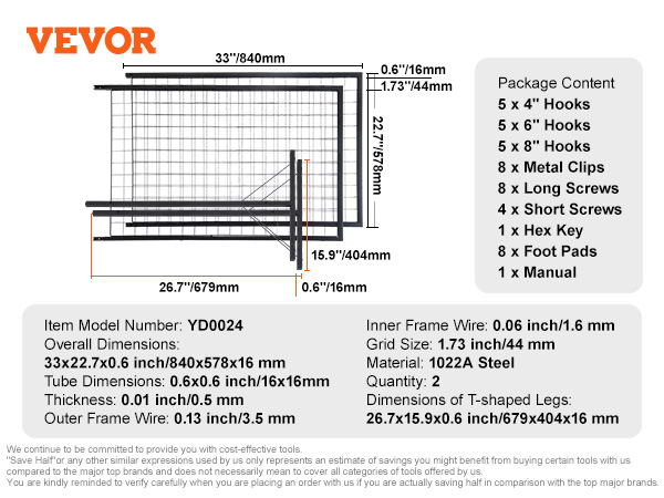 VEVOR grid wall panels with dimensions, material, and accessory list; 840x578x16 mm, hooks, screws.