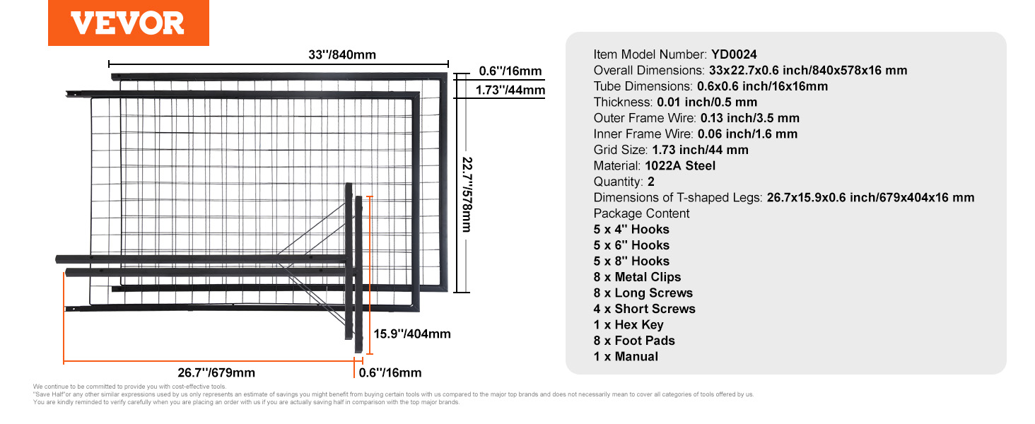 VEVOR grid wall panels with dimensions, material, and accessory list; 840x578x16 mm, hooks, screws.