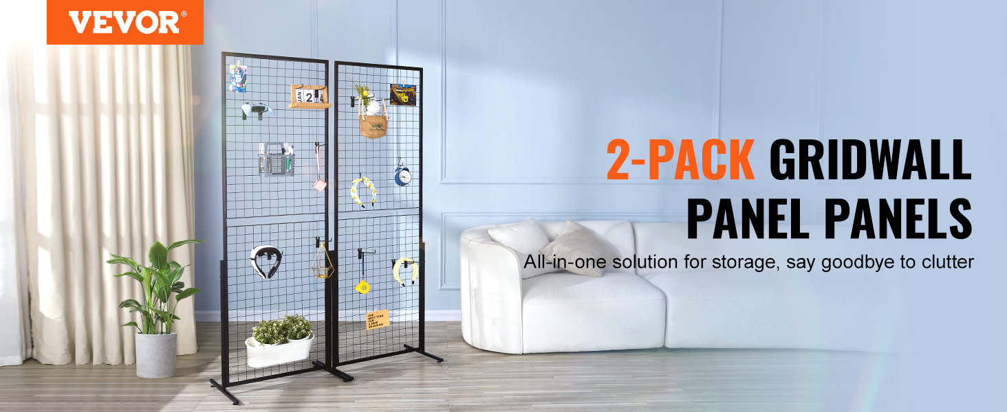 VEVOR 2-pack grid wall panels in a modern living room for versatile storage and organization.