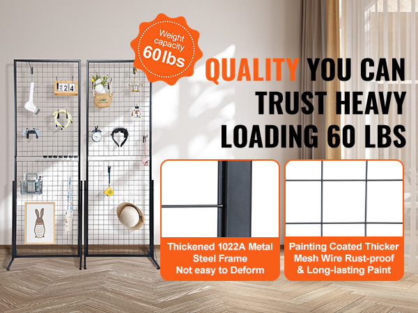 VEVOR grid wall panels showcasing high load capacity and durable metal frame with various hanging items.