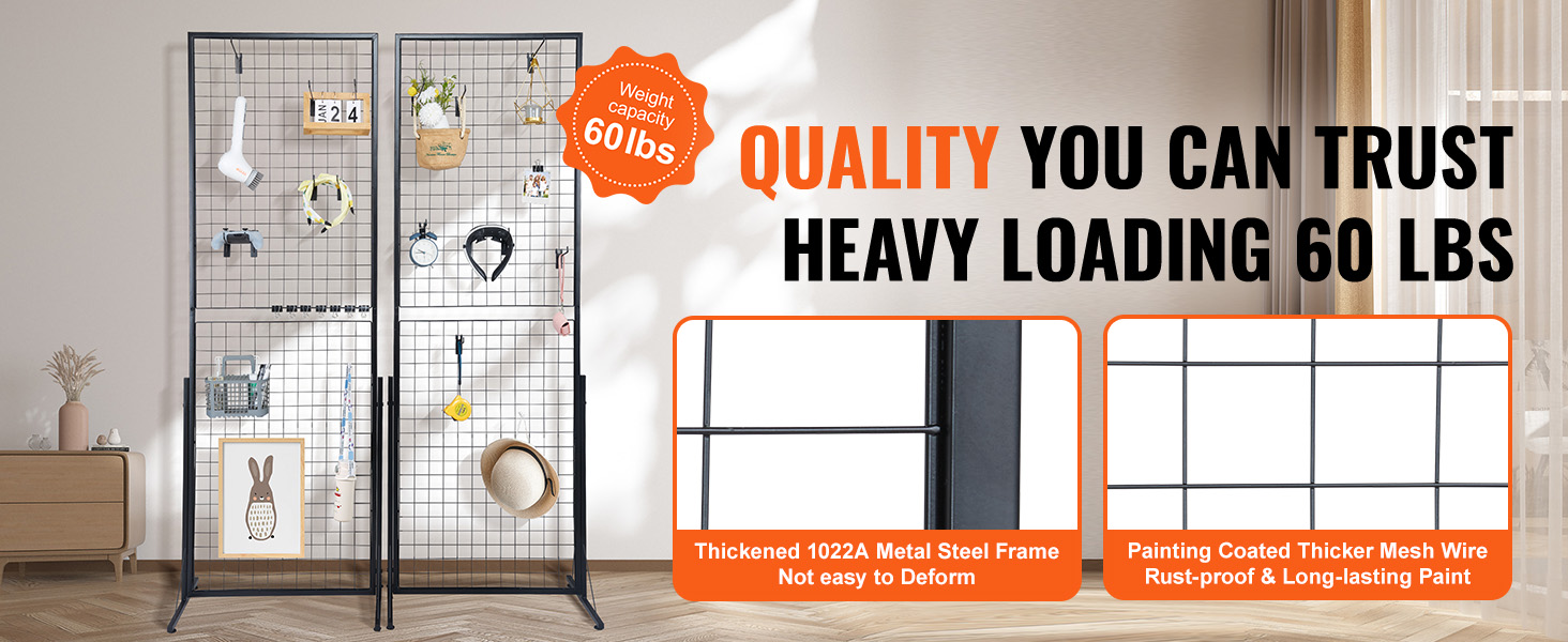 VEVOR grid wall panels showcasing high load capacity and durable metal frame with various hanging items.