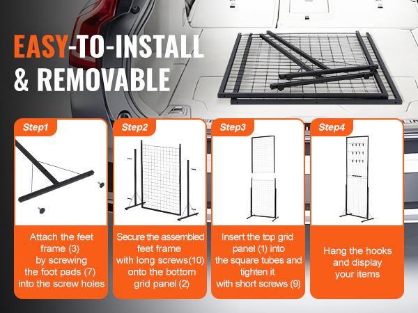 easy-to-install and removable VEVOR grid wall panels with step-by-step assembly instructions.