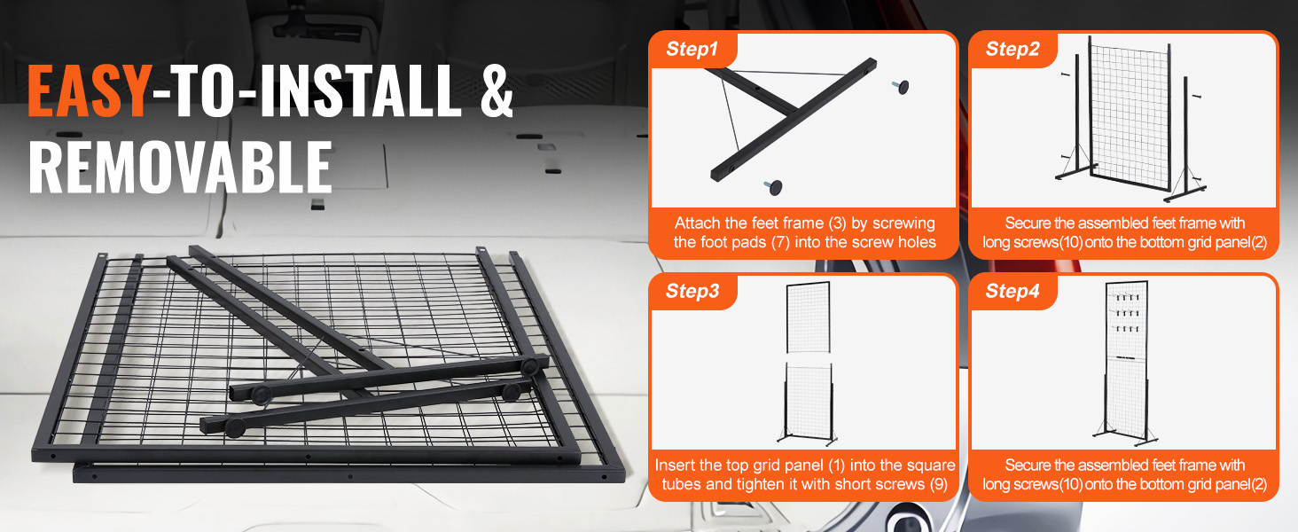 easy-to-install and removable VEVOR grid wall panels with step-by-step assembly instructions.