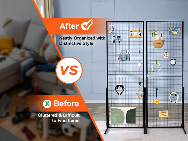 before and after of room using VEVOR grid wall panels, showing cluttered vs. organized setup.
