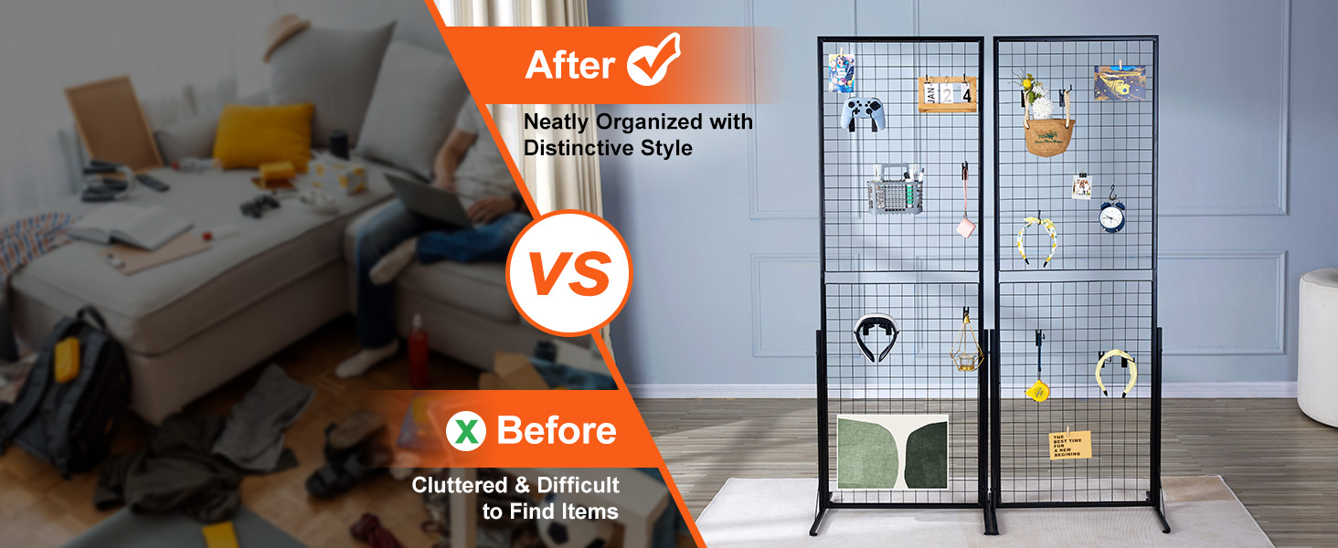 before and after of room using VEVOR grid wall panels, showing cluttered vs. organized setup.