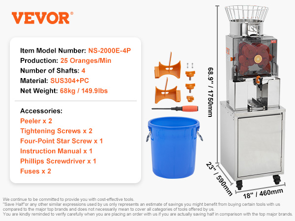 VEVOR orange juicer with accessories, blue bucket, detailed model ns-2000e-4p, 25 oranges per minute.