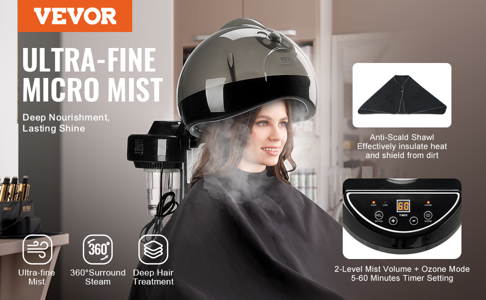 VEVOR ionic hair steamer providing deep hair treatment with ultra-fine mist, 360° steam, and ozone mode.