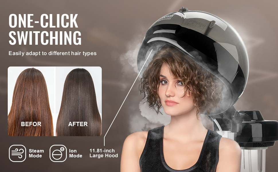VEVOR ionic hair steamer featuring one-click switching, steam and ion modes, large hood, before-after results.