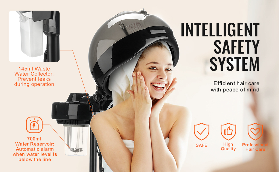 VEVOR ionic hair steamer with intelligent safety system, 145ml waste water collector, and 700ml reservoir.