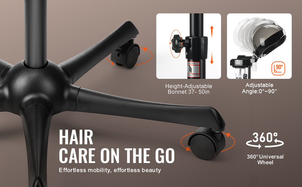 VEVOR ionic hair steamer with adjustable height, 360° wheels, and 0-90° bonnet angle for easy mobility.