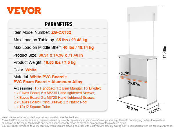 VEVOR promotion counter details with dimensions, weight, load capacity, materials, and accessories.