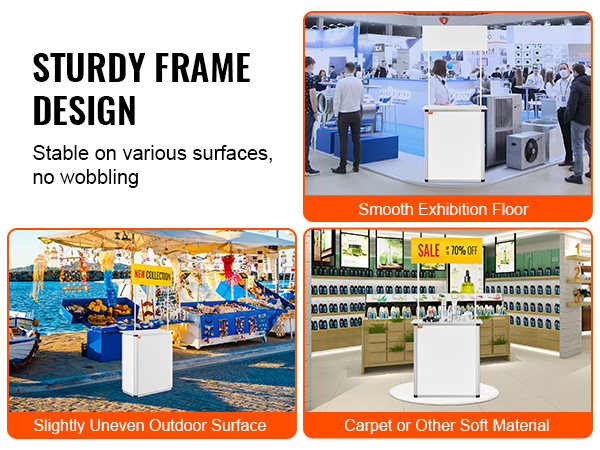VEVOR promotion counter on exhibition floor, outdoor market, and retail store, showcasing stability features.