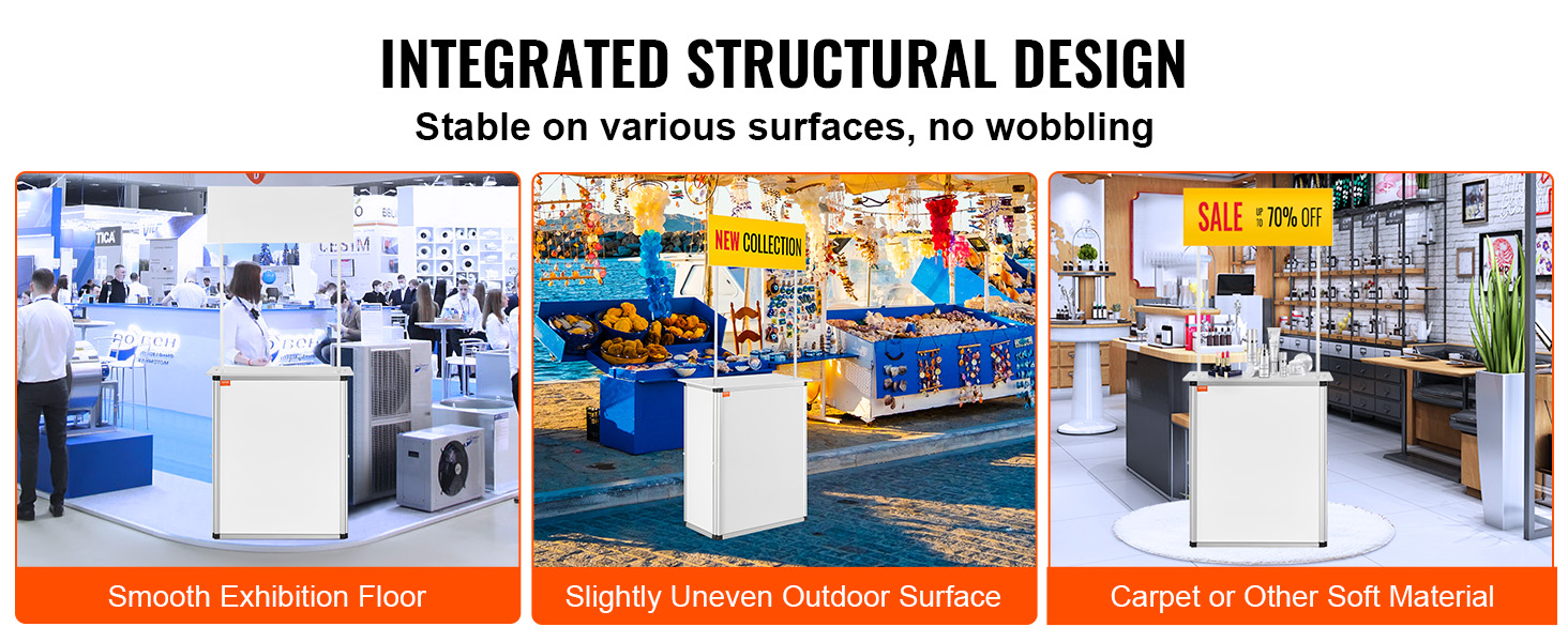 VEVOR promotion counter on exhibition floor, outdoor market, and retail store, showcasing stability features.