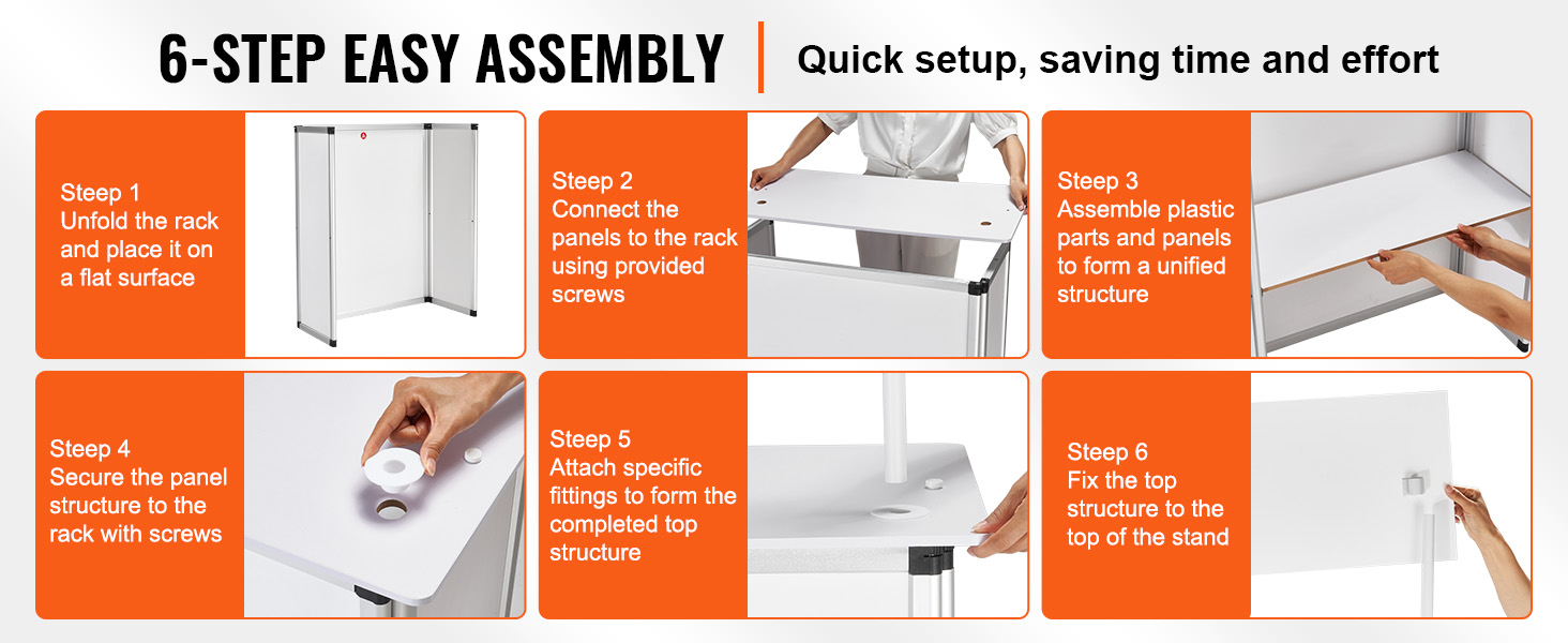 6-step assembly guide for VEVOR promotion counter, highlighting quick setup to save time and effort.
