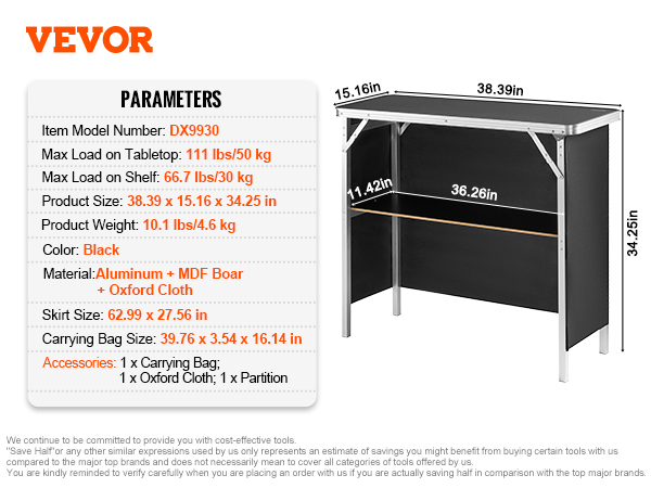 VEVOR portable bar table, black, aluminum, mdf and oxford cloth, 38.39" x 15.16" x 34.25", 10.1 lbs.