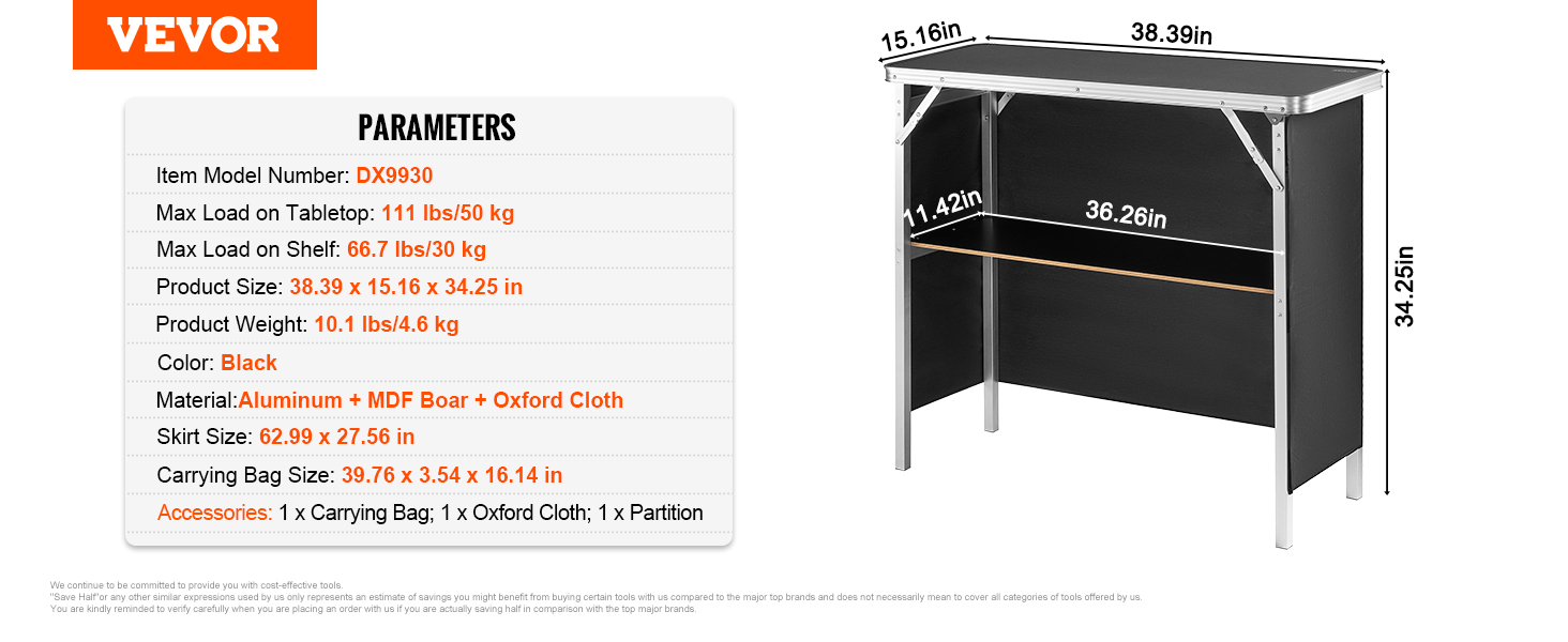 VEVOR portable bar table, black, aluminum, mdf and oxford cloth, 38.39" x 15.16" x 34.25", 10.1 lbs.
