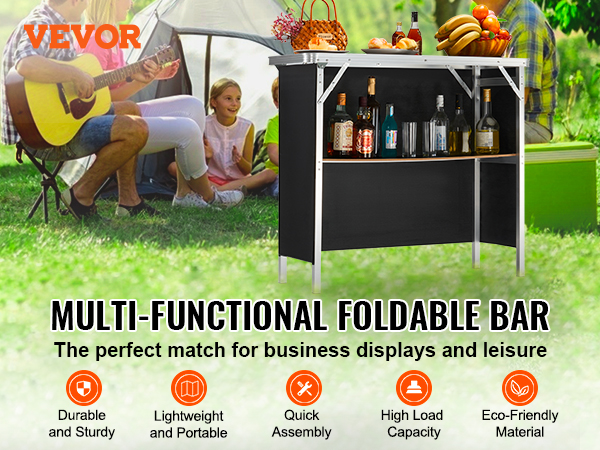VEVOR portable bar table in a park setting with drinks and snacks, highlighting its multi-functional use.