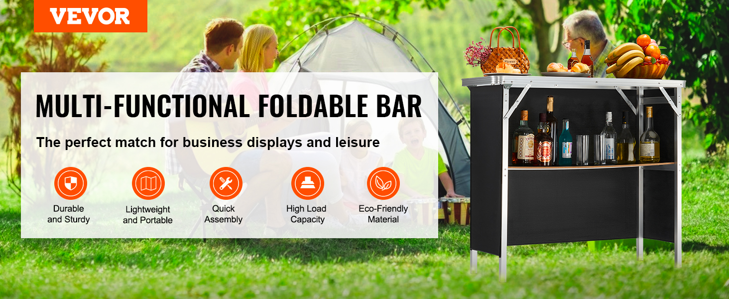 VEVOR portable bar table in a park setting with drinks and snacks, highlighting its multi-functional use.