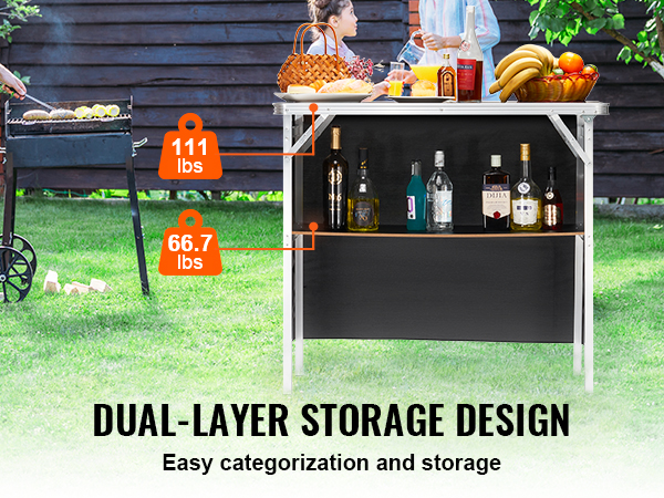 VEVOR portable bar table with dual-layer storage, perfect for organizing drinks and food outdoors.