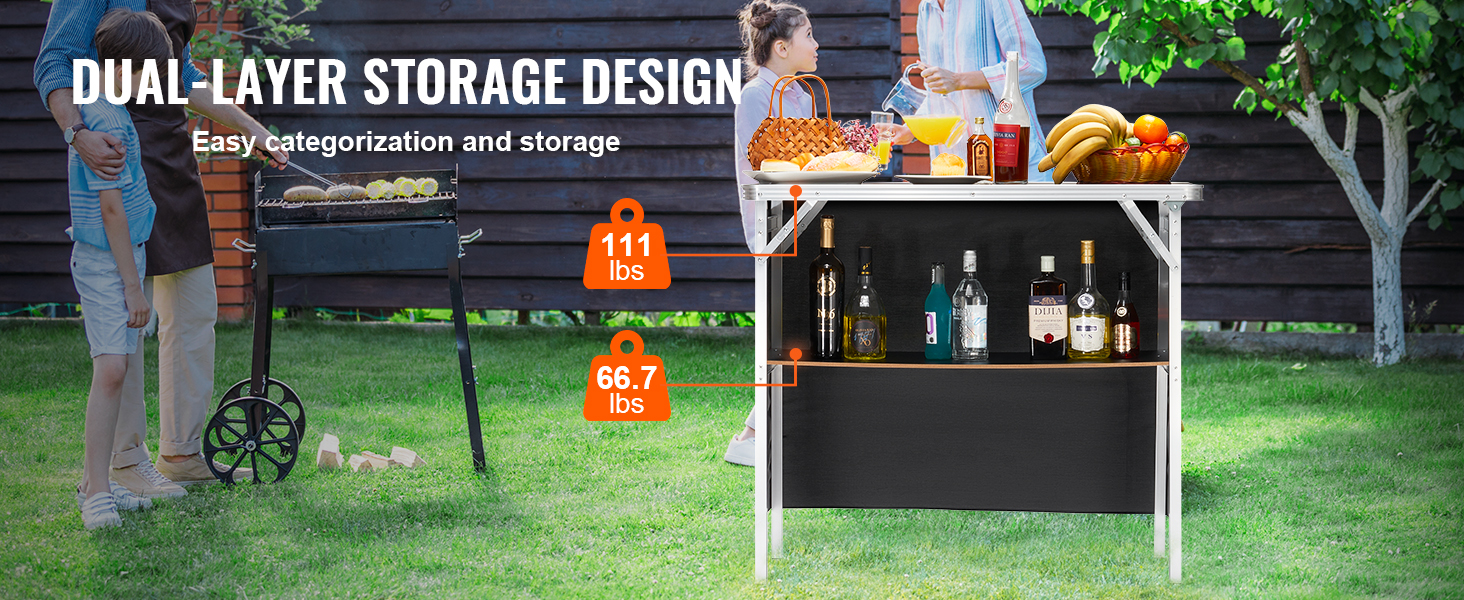 VEVOR portable bar table with dual-layer storage, perfect for organizing drinks and food outdoors.