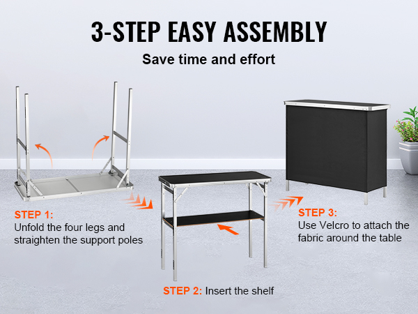3-step assembly guide for VEVOR portable bar table: unfold legs, insert shelf, attach fabric with velcro.