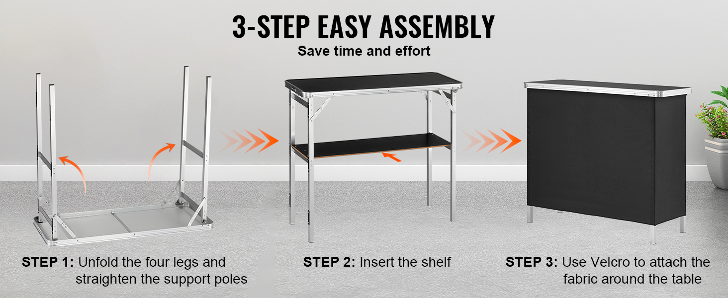 3-step assembly guide for VEVOR portable bar table: unfold legs, insert shelf, attach fabric with velcro.