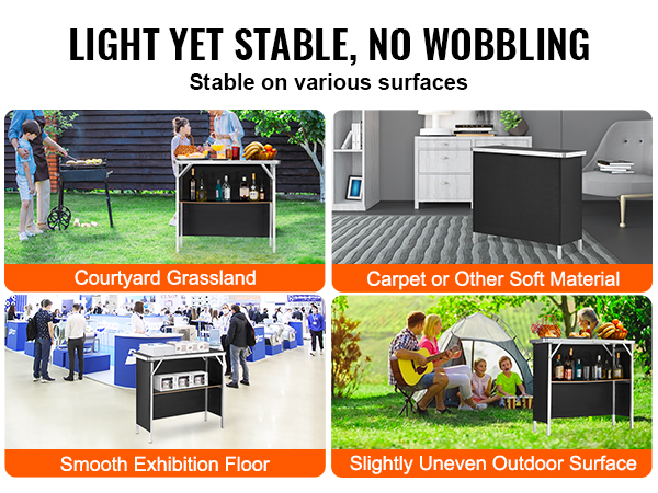 courtyard grassland, indoor carpet, exhibition hall, and outdoor picnic setup with VEVOR portable bar table.
