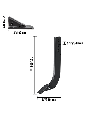 VEVOR box blade shank with dimensions: 8"x16"/209x410 mm, 4"x2"/107x51 mm.