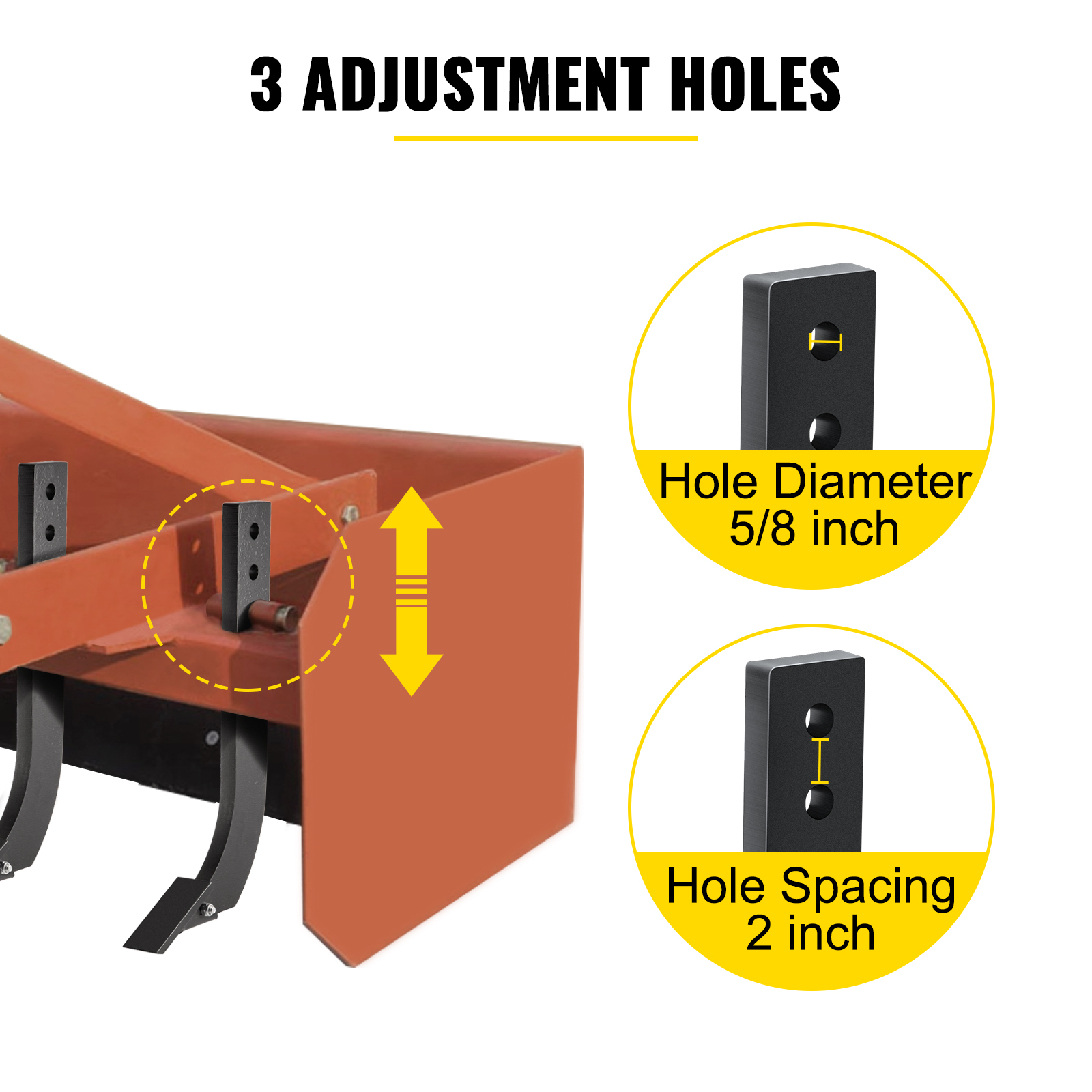 VEVOR box blade shank with 3 adjustment holes, 5/8 inch diameter, 2 inch hole spacing.