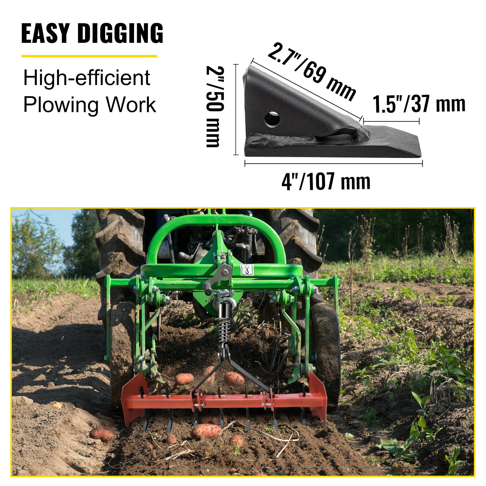 VEVOR box blade shank on a green tractor for high-efficient plowing work.