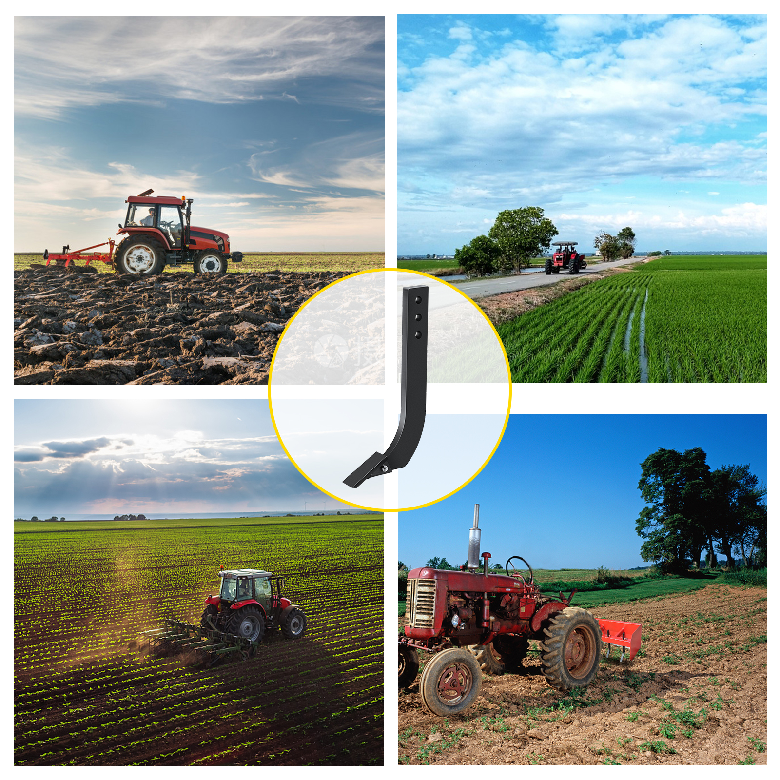 red tractors in various fields with a VEVOR box blade shank in the center.