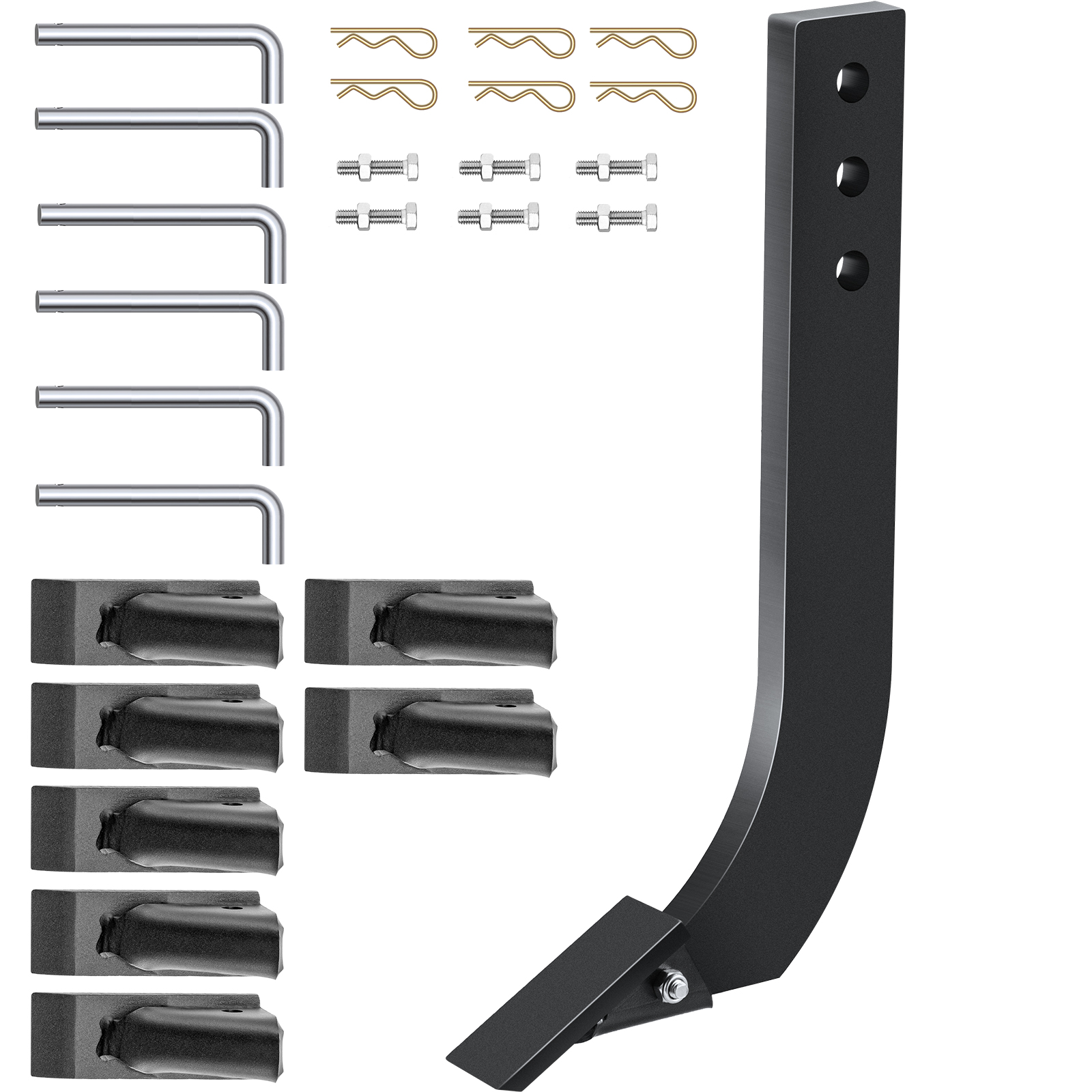 VEVOR box blade shank with hardware set including bolts, washers, pins, and brackets.