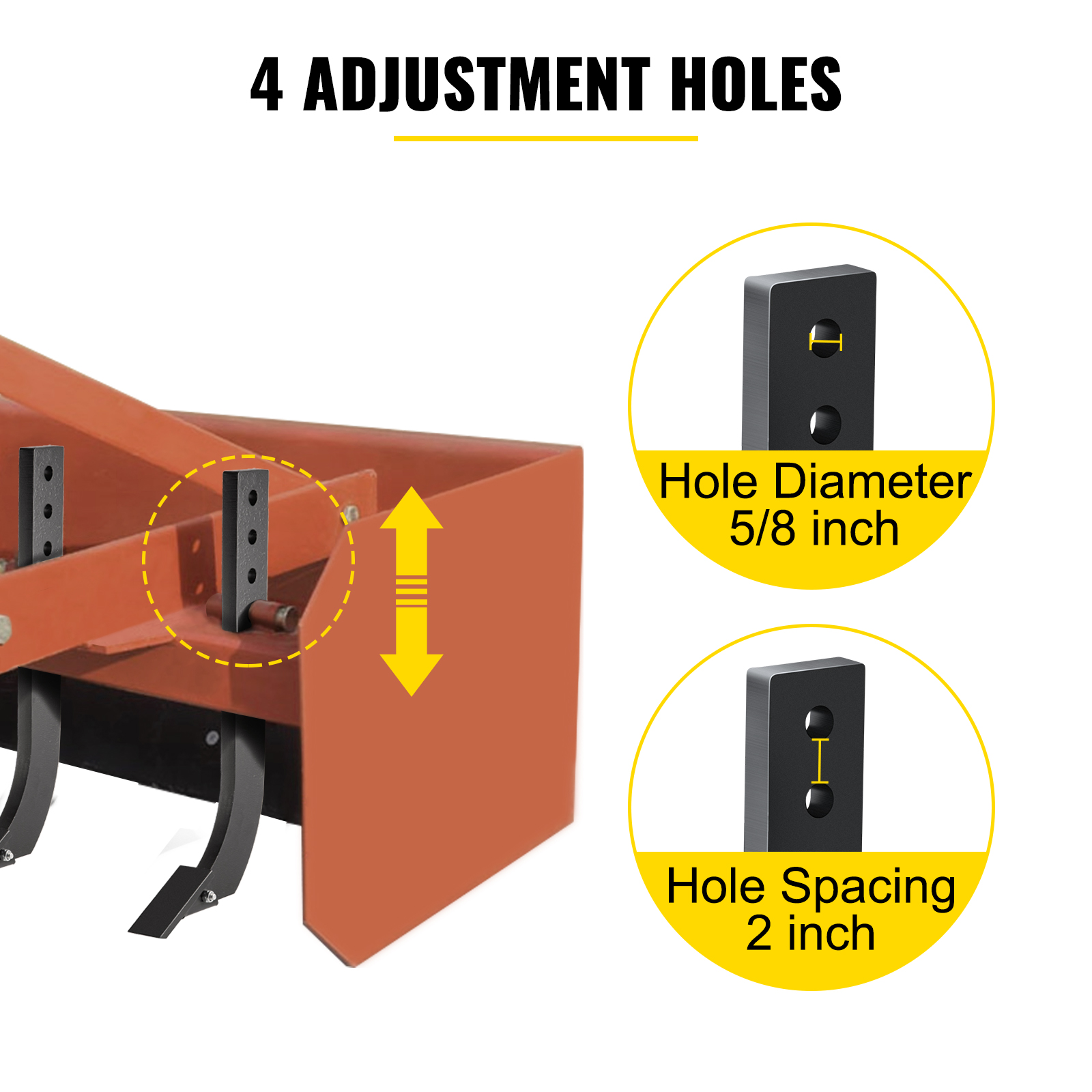 VEVOR box blade shank featuring four adjustment holes, 5/8 inch diameter, and 2 inch spacing.