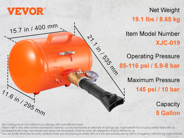 VEVOR tire bead seater, model xjc-019. capacity: 5 gallons. dimensions: 21.1x15.7x11.6 inches.