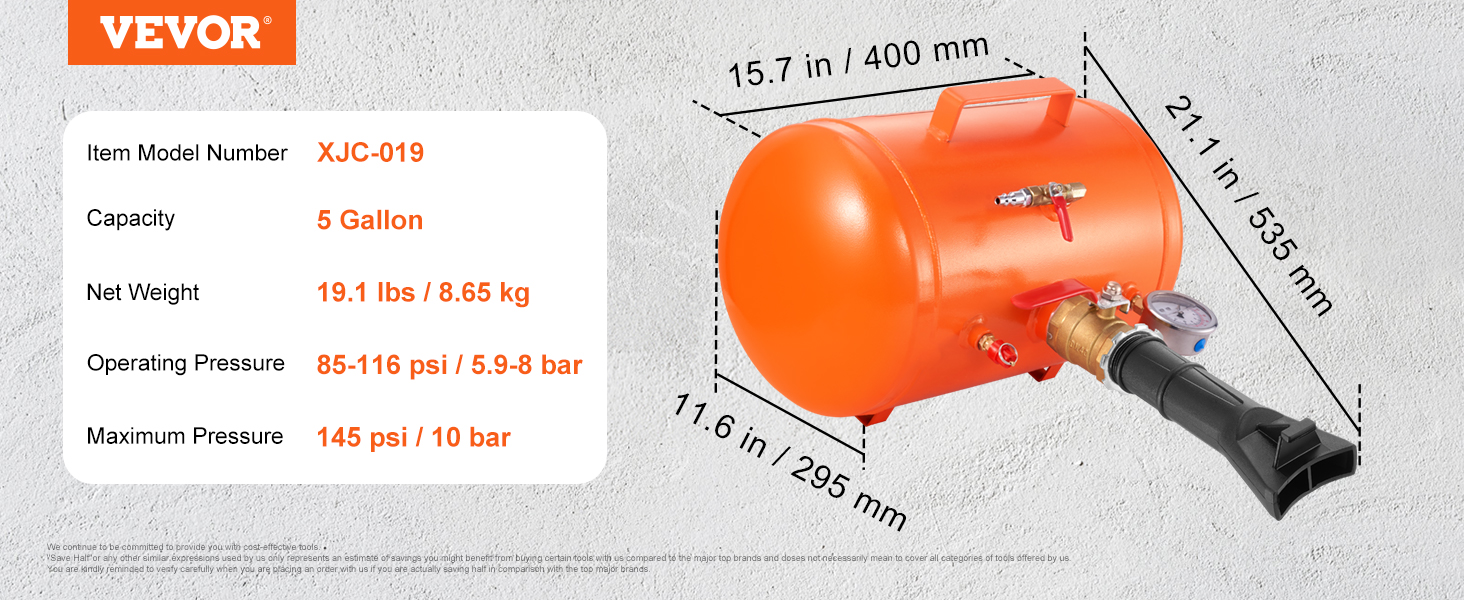 VEVOR tire bead seater, model xjc-019. capacity: 5 gallons. dimensions: 21.1x15.7x11.6 inches.
