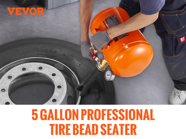5 gallon VEVOR tire bead seater in use, offering tight welding, steel structure, and secure operation.