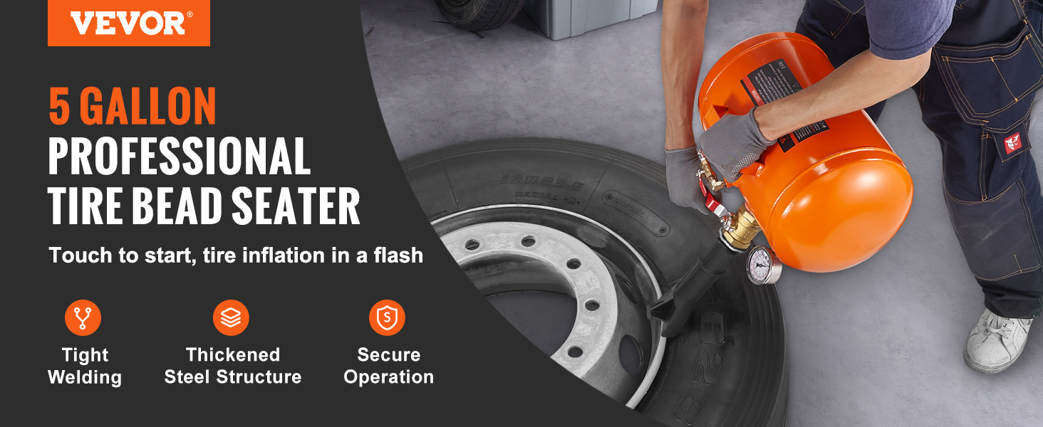 5 gallon VEVOR tire bead seater in use, offering tight welding, steel structure, and secure operation.