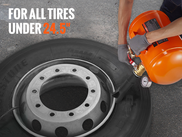 person using VEVOR tire bead seater on a large tire; suitable for tires under 24.5 inches.