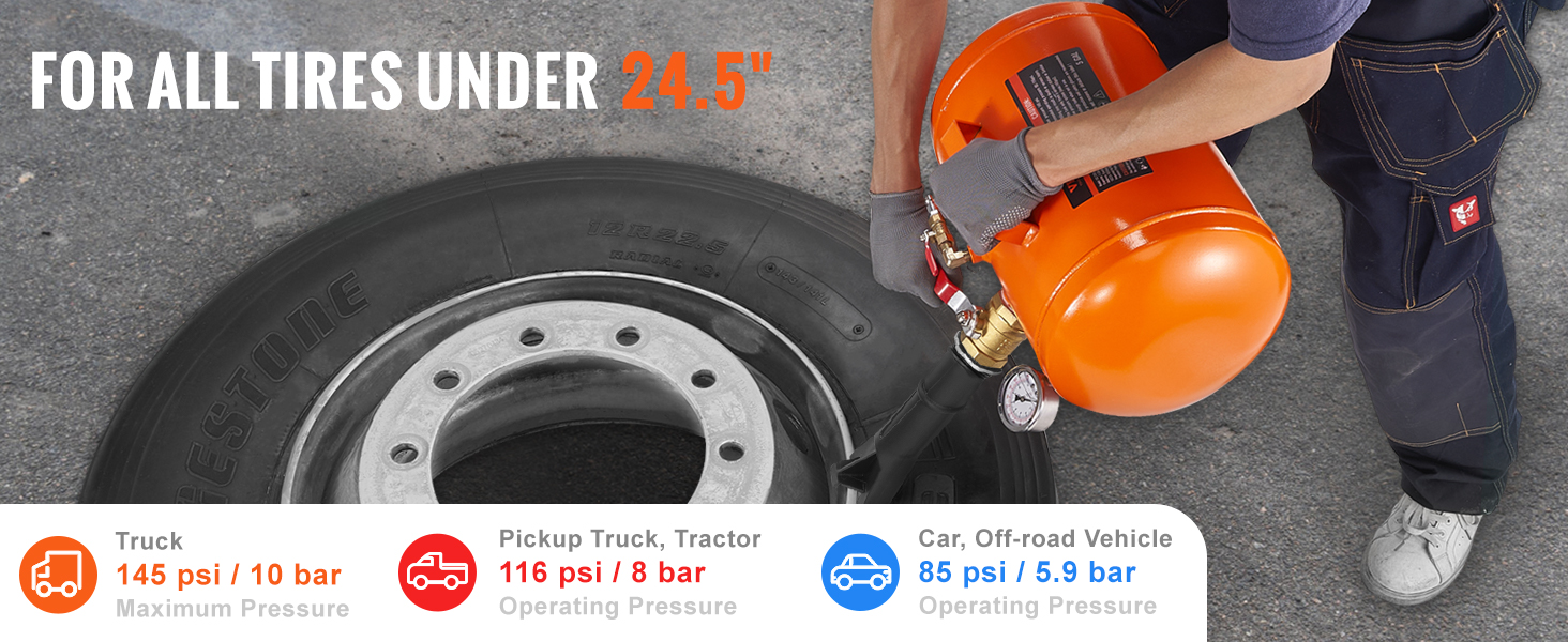 person using VEVOR tire bead seater on a large tire; suitable for tires under 24.5 inches.