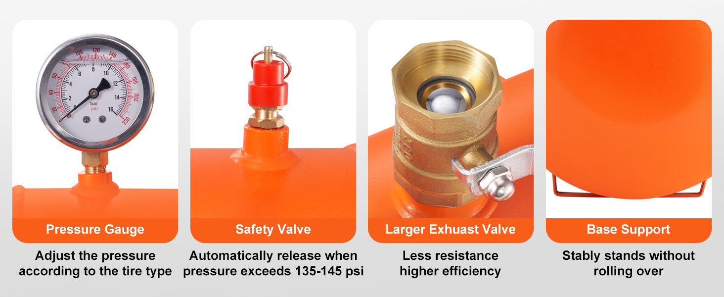 VEVOR tire bead seater features pressure gauge, safety valve, larger exhaust valve, and base support.