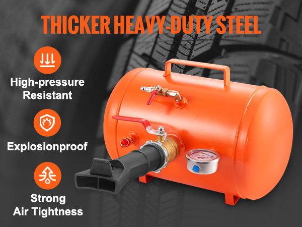 VEVOR tire bead seater in orange heavy-duty steel, high-quality powder coating, and high-pressure resistant.