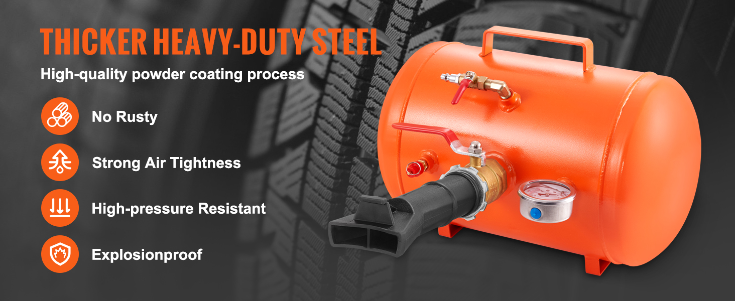 VEVOR tire bead seater in orange heavy-duty steel, high-quality powder coating, and high-pressure resistant.