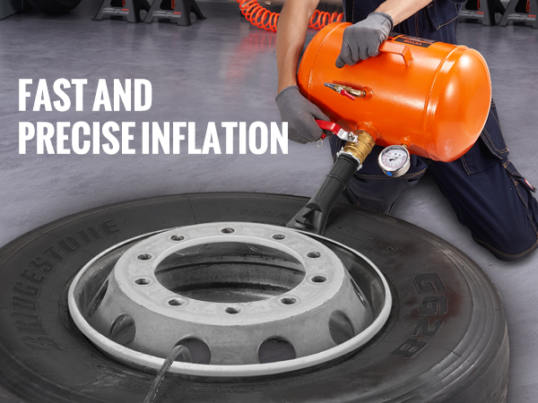 technician using VEVOR tire bead seater to inflate a tire, ensuring precise positioning and safety.