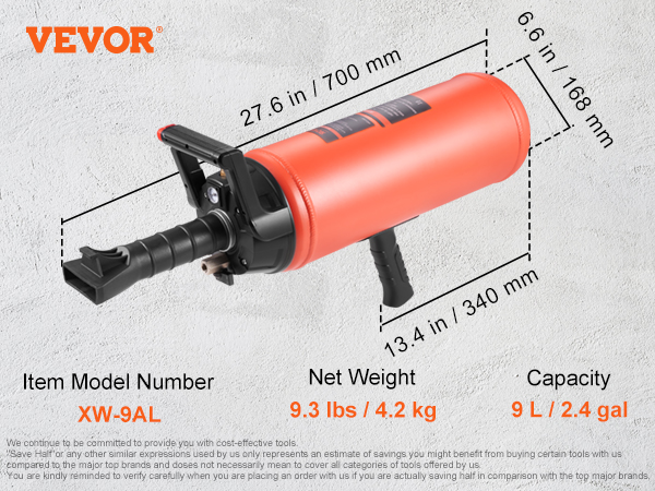 VEVOR tire bead seater xw-9al, 9l capacity, 9.3 lbs, operating pressure 87-116 psi, max 150 psi.